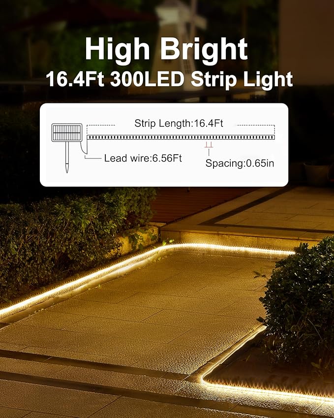LUHLEE Solar LED Strip Lights Outdoor,Brighter 300 LED 16.4FT Solar String Lights Outdoor with Remote,8 Lighting Modes Auto ON/Off Rope Lights for Outside,Deck,Steps,Christmas Decor Lighting