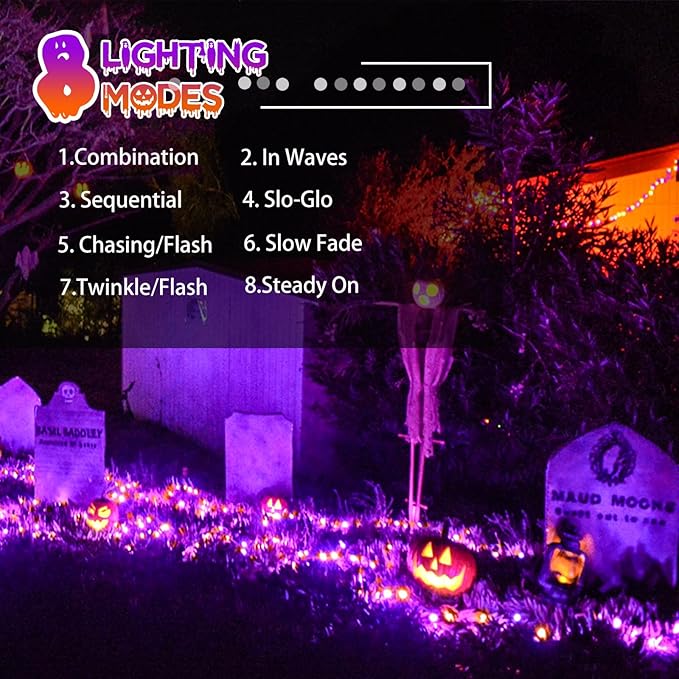 2-Pack 66FT 200 LED Extendable Halloween Lights, Orange and Purple Halloween Decorations Outdoor Indoor Tree Lights with Timer and Memory Function, Plug in Mini Light Waterproof with 13 Lighting Modes