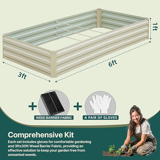 Raised Garden Bed Beige, 6x3x1ft Galvanized Raised Garden Bed Outdoor Metal for Gardening Vegetables Flower Garden Planter Box Large Raised Bed with Gloves and 3ftx30ft Weed Barrier Fabric