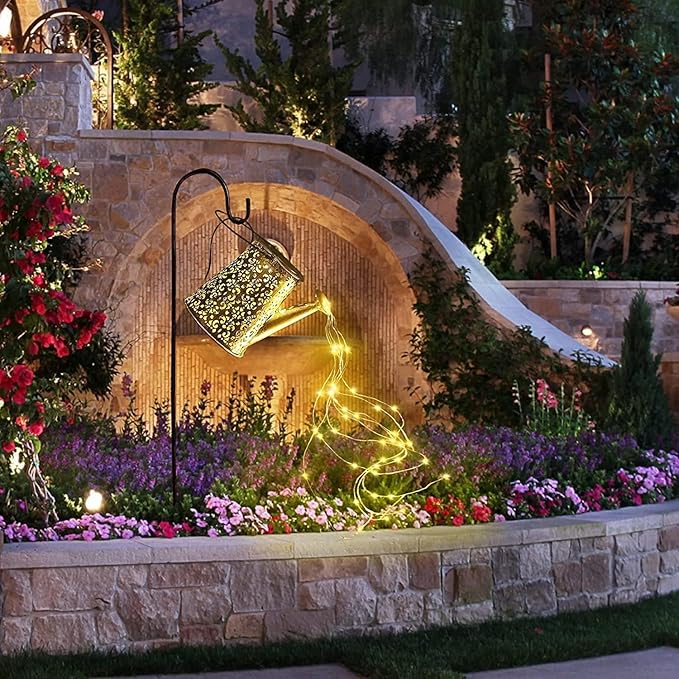 Solar Watering Can Lights Waterproof Garden Decorations - Outdoor Large Fairy Lartern Hanging Retro Metal Kettle Light Star Art Decorative Lamp for Walkway Table Patio Lawn with Bracket