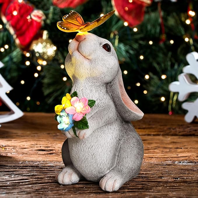 SIX FOXES Solar Garden Rabbit Statues Light - Easter Bunny Decor for Garden, Lawn, Patio, Balcony, Yard Ornament, Gifts for Kids, Women, Mom