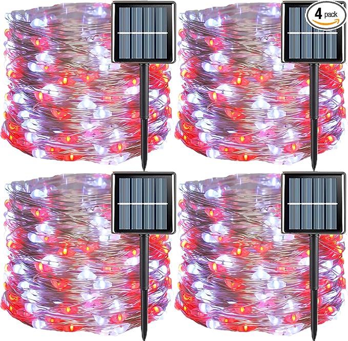 YEGUO Solar Fairy Lights Outdoor Waterproof, 4 Pack Each 33ft 100 LED String Lights, 8 Modes Silver Wire Solar Outdoor Lights (Red and White)