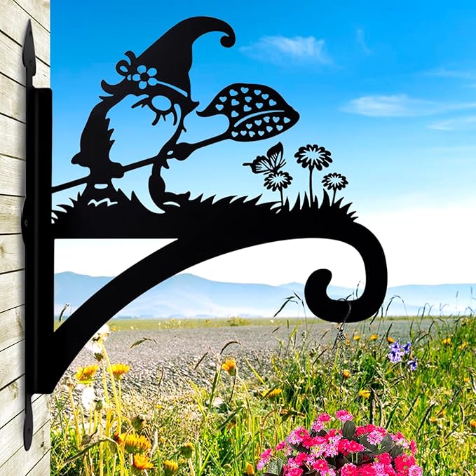 Plant Hangers Outdoor Heavy Duty Iron Decorative Gnome Silhouette Pot Hangers for Plants 11 inch Hanging Plant Bracket Wall Plant Hanger for Bird Feeder Flower Pot Lantern Wind Chimes