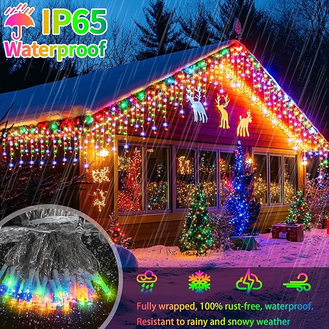 XZAI 800LED 50FT, Icicle String Lights, Plug-in, Multi-Color & Warm White, Christmas Party Decors, Connectable, Memory, Remote, 8 Modes, Timer, Dimmable, IP65 Waterproof, Hanging for Outdoor & Indoor