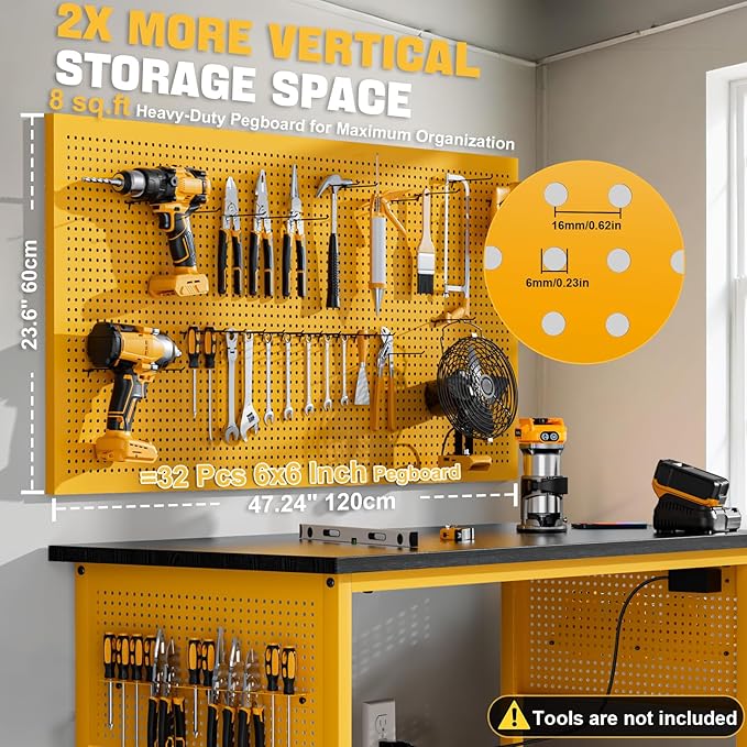 47" Heavy Duty Adjustable Workbench with Power Outlets, Pegboard & Locking Wheels - 2100LB Capacity Garage Work Table, Compatible with DeWalt Battery, Reinforced Steel Frame for Workshop & Home Use