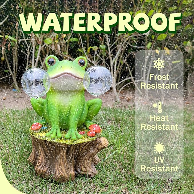Solar Frog Garden Decor - Mushroom Outdoor Statue for Garden Ornaments, Lawn, Flower Bed, Pond, Patio, Porch - Frog Gifts for Women, Mom, Grandma