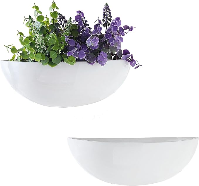 MyGift White Ceramic Wall Planters for Indoor Plants, Half Bowl Hanging Vase, Wall Mounted Succulent Planters, Set of 2