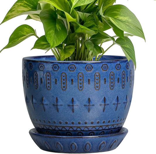 G EPGardening Plant Pot 5 Inch - Ceramic Planter for Indoor Plants Outdoor, Succulent Orchid Pot with Drainage Hole and Saucer, Round Flower Pot for Home Decor, Blue