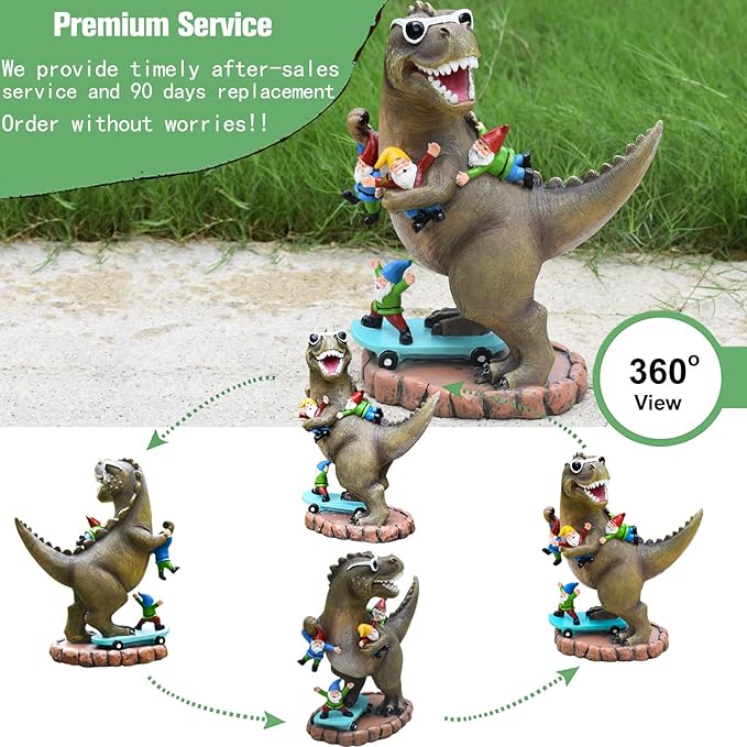 Garden Statue Outdoor Decoration, Cool Dinosaur Play Skateboard with Gnomes Figurines, Indoor Outdoor Decor Art for Patio Lawn Yard, Housewarming Garden Gift…
