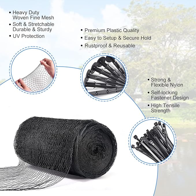 Pond Netting, 14 x 14 FT Pond Net Heavy Duty Pond Netting for Koi Ponds, Garden Pool Fine Mesh Netting Kit for Leaves, Protects Koi Fish from Birds Cats Predators, with 14 Stakes and 30 Cable Zip Ties