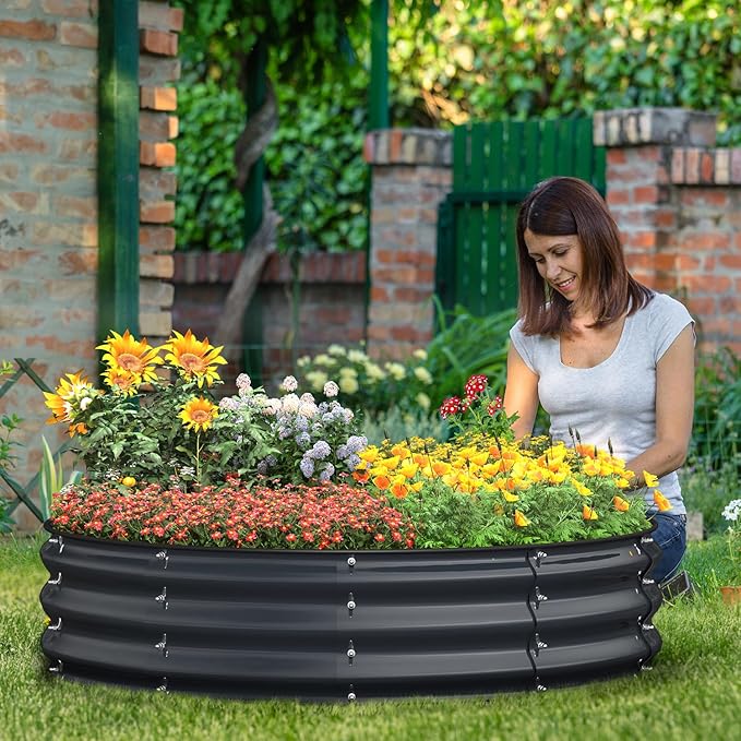 Round 4x4x1 FT Galvanized Raised Garden Bed Kit, Large Metal Planter Box for Outdoor Gardening, Garden Bed for Vegetables Flower Herb(Midnight Gray)