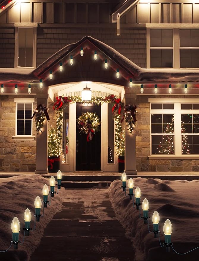 Christmas Pathway Lights Outdoor, 38Ft Outdoor Christmas Decorations with 25 C9 Warm White Christmas Pathway Stakes Lights, Connectable Christmas Walkway Lights for Yard Lawn Sidewalk Driveway Garden