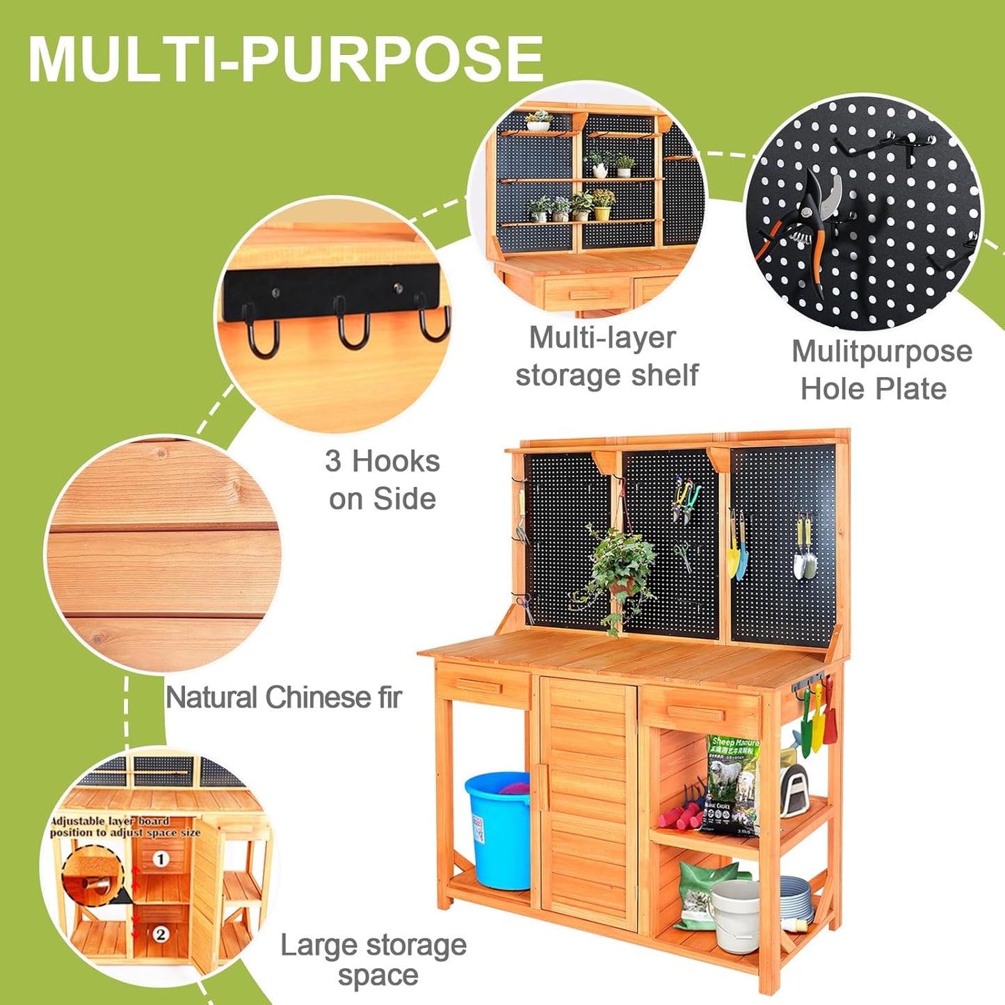 Outdoor Garden Potting Bench, Horticultural Wooden Workstation Table with Storage Drawer, Cabinet, Metal Pegboard, Adjustable Hooks and Shelves for Backyard, Patio, Greenhouse