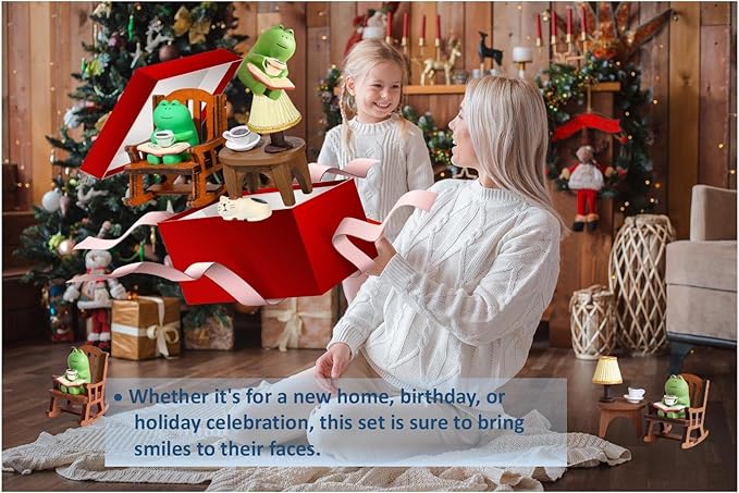 7 Pcs Cute Frog Rocking Chair Set with Miniature Frog Figurines, Mini cat, and Whimsical Trinkets - Versatile Decor for Office, Home, Yard, Patio, and Lawn