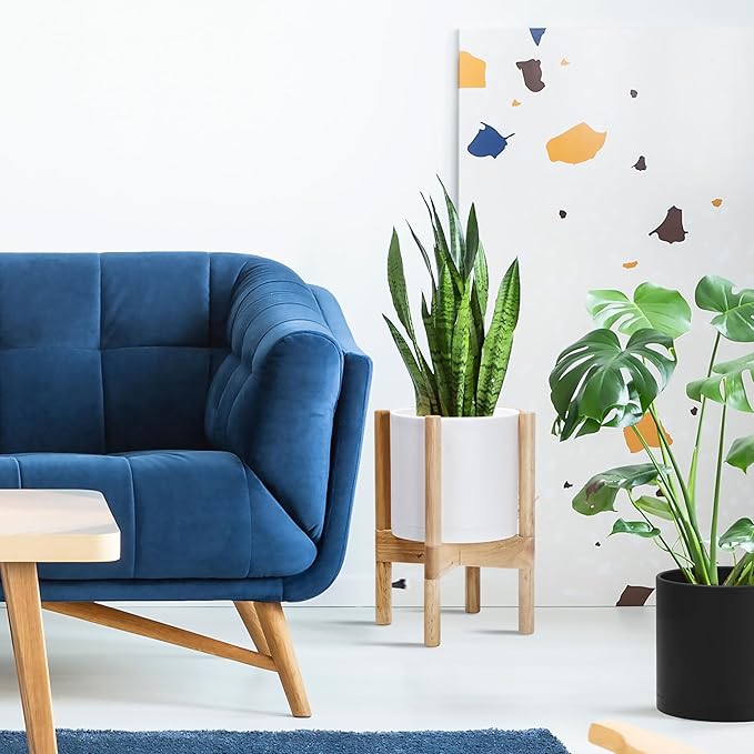 D'vine Dev Planter Pot with Stand - 8 Inch Plastic Cylinder Flower Pot with Wood Planter Holder for Indoor, Matte White Pot + Natural Stand, 55-C-J-1