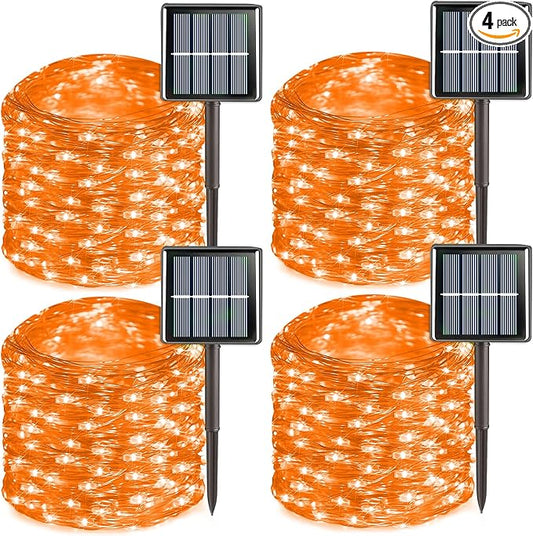 QITONG 4 Pack Orange Solar Fairy Lights, Each 33ft 100 LED Solar Christmas Lights Outdoor Waterproof, 8 Modes Christmas String Lights