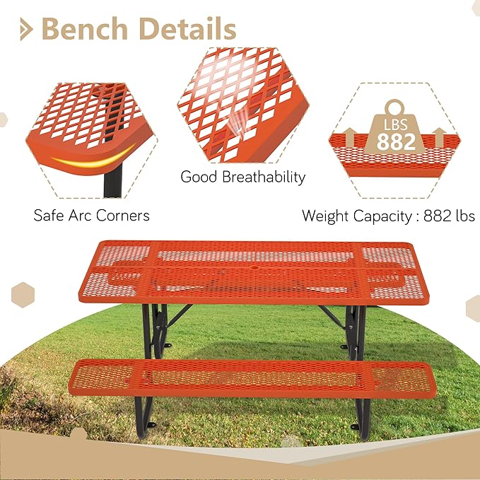 72'' Steel Rectangular Picnic Table for Outdoors, Expanded, Lifetime Picnic Table with Umbrella Hole, Heavy Duty Sturdy Commercial Picnic Tables for Garden Courtyard BBQ, Orange