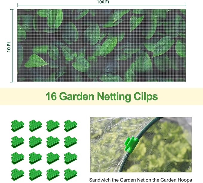 Garden Netting Mesh, 10X100 FT Garden Netting with 16 Cilps & Ultra Fine Mesh Net Bird Barrier Protection for Garden Vegetables Flowers Shrubs Fruit Trees Indoors & Outdoors Plant Beds Greenhouse