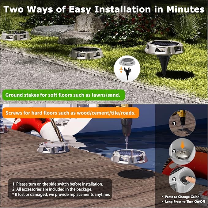 8Pack Aluminum Alloy Solar Driveway Lights, IP68 Solar Deck Light Marine Dock Lights Outdoor Waterproof, Multi-color LED Driveway Markers for Walkway, Path Decor [12Modes - Strobe/RGB/Fix-color]