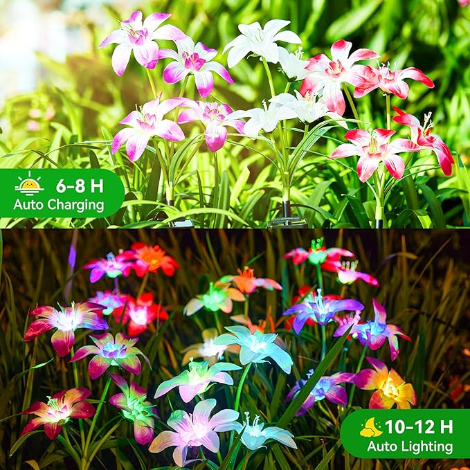 WdtPro 2025 Upgraded Solar Lights Outdoor 6 Pack, Solar Garden Lights with 24 Blooming Lily RGB Light, 7 Color Changing Waterproof Solar Flower Lights for Outside Yard, Patio Decor Gifts