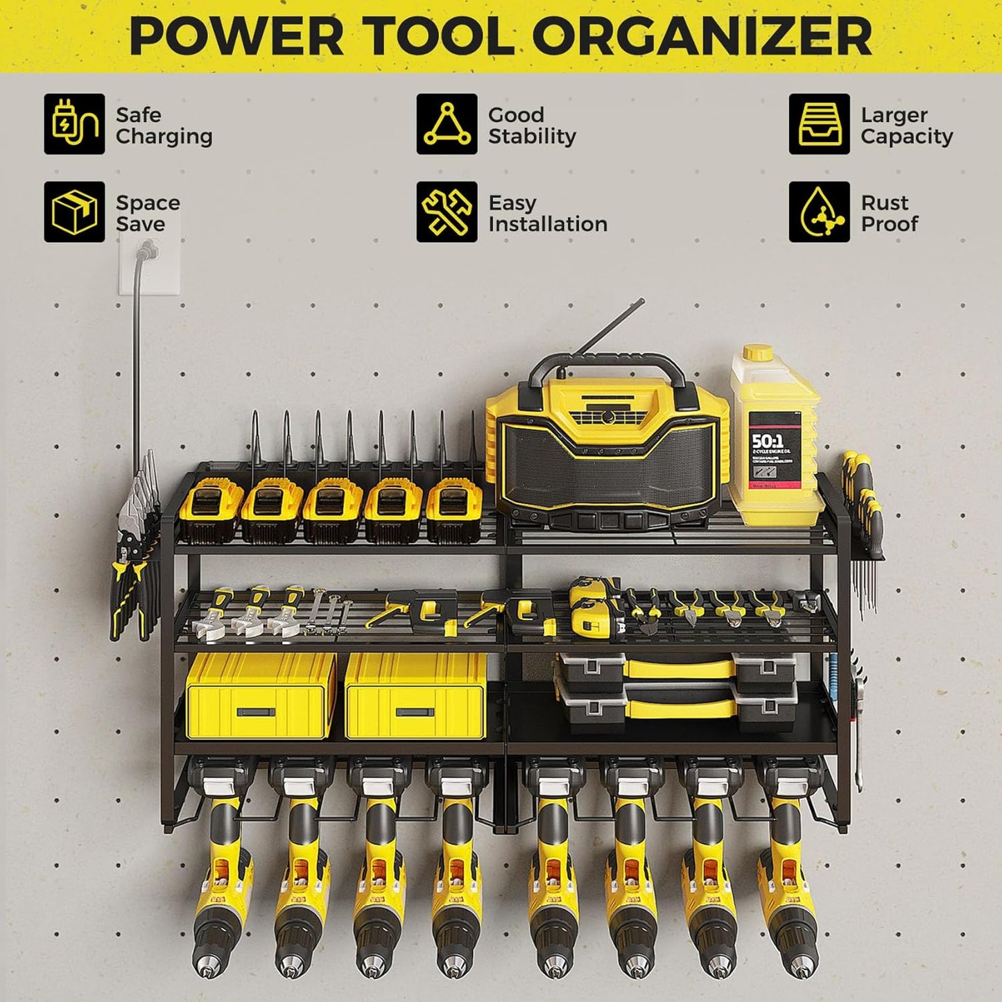 3 Pack Power Tool Organizer Wall Mount with Charging Station, 8 Outlet Power Strip & 4 Layers Storage Rack with 8 Drill Holders for Cordless Tools, Heavy Duty Utility Racks for Garage Workshop