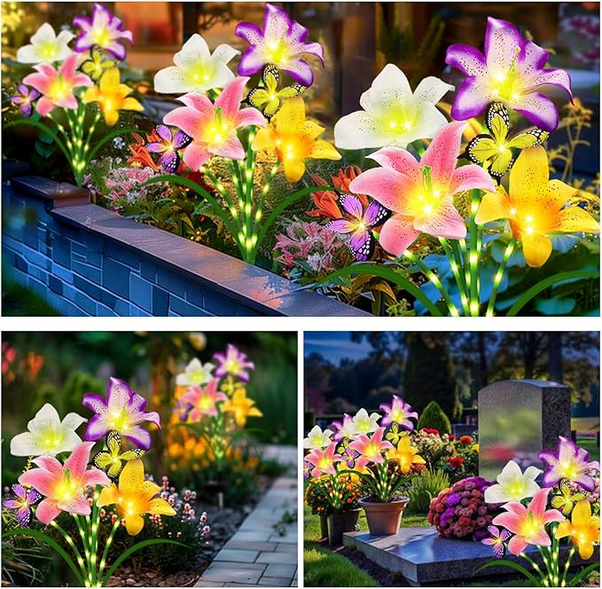 Solar Garden Lights 4 Pack 16 Lily Flowers with Butterfly Decor, Waterproof Solar Flower Lights for Outdoor - Upgraded Decorative Lilies for Yard, Patio, Pathway Decorations & Gardening Gifts