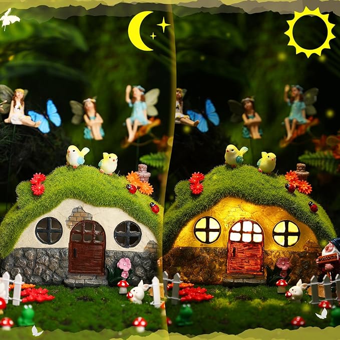 Suzile 50 Pcs Solar Fairy House Garden Accessories Light up Flocked Fairy House Garden Kit Green Resin Miniature Mushroom Figures Micro Landscape Ornament(Stone House)