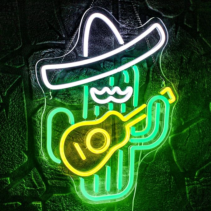 WLHOPE Cactus Neon Sign Cowboy Hat Neon Signs Green Led Neon Signs for Wall Decor, Guitar Cactus Neon Led Signs USB Anime Neon Light for Bedroom Game Room Kids Room Home Bar Party Shop Gift