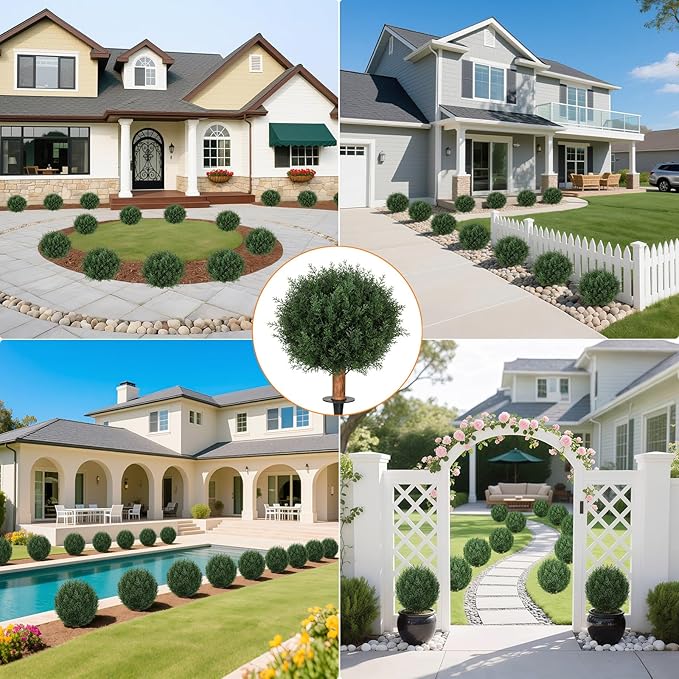 Artificial Cedar Topiary Ball Trees with Ground Spike, 24.6 inche Tall UV-Resistant Fake Outdoor Plants Evergreen Shrubs, Realistic Faux Pine Bushes for Front Porch Home Patio Garden, Set of 4