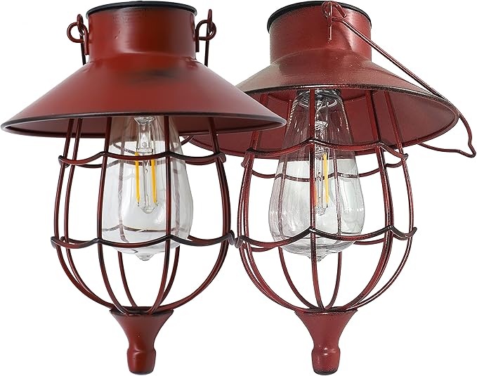 YAKii 2 Pack Solar Lantern Hanging Waterproof Outdoor Metal Solar Lamp with Warm White Light Decorate for Yard Garden Pathway Patio Porch Decor (Red)