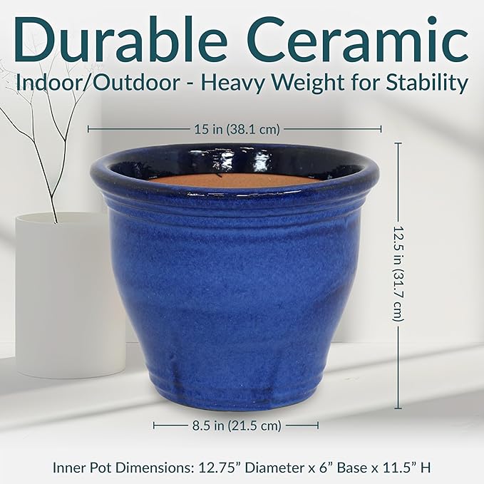 Sunnydaze Studio Large Ceramic Plant Pot - Round Outdoor Glazed Ceramic Planter Pot with Drainage - Imperial Blue - 14.5"