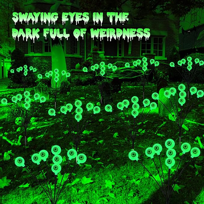 Solar Eyeball Lights Outdoor, 4 Pack 32 LED Halloween Eyeball Lights Outdoor Waterproof 8 Modes Scary Eyeballs Swaying Lights, Eyeballs Halloween Decor for Outside Yard Garden Party (Green)