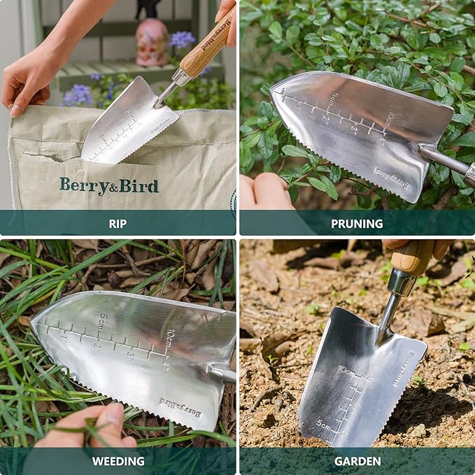 Garden Serrated Planting Trowel, Multifunctional Shovel with ash Wood and Stainless Steel Digging Trowel Transplanter
