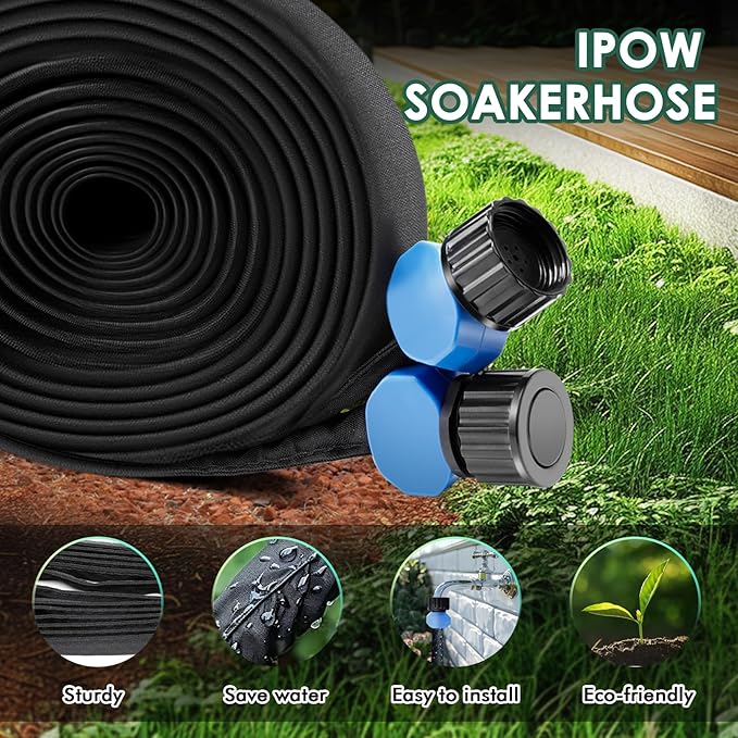 IPOW Thicken 25 ft + 25 ft Heavy Duty Double Layer Design Saves 80% Water Leak Proof Soaker Hose, Drip Watering Hose for Garden, Lawn, Flower Bed, Vegetable Field