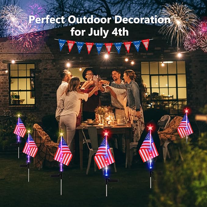 July 4th Decorative Solar American Flag Lights July 4th Solar Patriotic Flag Lights, 2 Modes Garden Pile Lights LED Landscape Lights Street Lights (Color Change), XY-T001