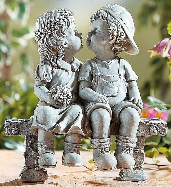 Elenon Garden First Kiss Outdoor Statue Decorative, Flower Bed Decor Boy and Girl Garden Statues, Couple Puppy Love Garden Sculpture for Yard Patio Art Decoration
