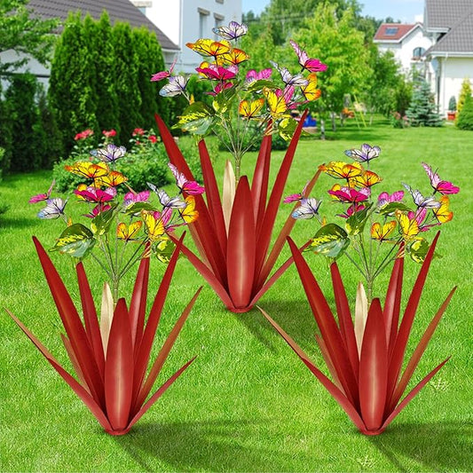 Garden Outdoor Butterfly Enlarge Thickened Wind Resistant Metal Agave Garden Art Metal Plant Country Sculpture Statue Decorations Ornaments Artificial Waterproof Butterflies(red 3pcs)