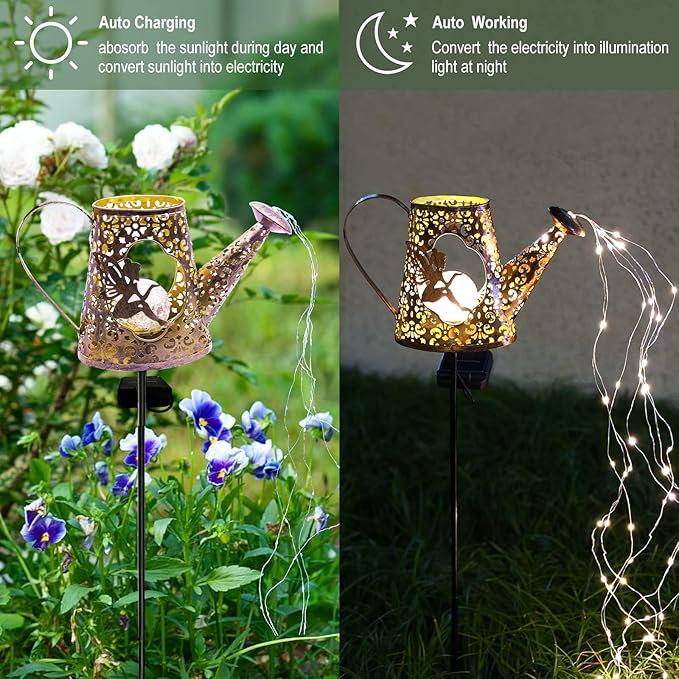 YJFWAL Solar Watering Can with Warm White LED Lights Outdoor Waterproof Fairy Garden Decor for Pathway, Yard, Lawn, Patio Perfect Decorations Gardening Gifts, Birthday Present for Women, Mom, Grandma