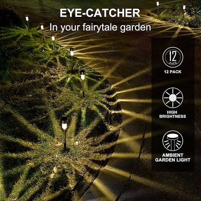 Solar Lights Outdoor Waterproof, Stainless Steel LED Landscape Lighting Outdoor Solar Lights for Outside Solar Garden Lights for Pathway, Walkway, Patio, Yard, Lawn - 12 Pack (Warm White)