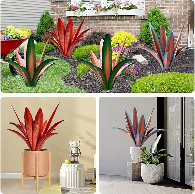 Enlarge Thickened Wind Resistant Metal Agave Garden Art Metal Plant Country Garden Sculpture Statue Outdoor Decoration Agave Metal Plant Courtyard Garden Lawn Ornament Gift (1, 12 Leaves red)