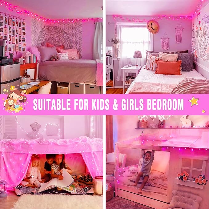 JMEXSUSS 66 Ft Pink Lights for Room Decor, 200 LED Pink String Fairy Christmas Lights Clear Wire Plug in for Bedroom Indoor Outdoor Girl's Room Decorations