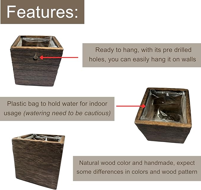 LaLaGreen Wood Planter Boxes for Indoor Plants (6 Pack, 4x4 Inch) Small Square Wall Mounted Planters Flower Pot, Herb Wooden Box Hanging Plant Holder Outdoor Balcony Vertical Garden Modern Home Decor