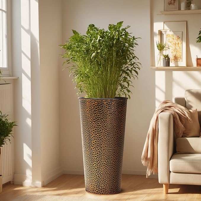 KOL 25" H. Metal Hand-Hammered Planters with Inner Pots 2-Pack, Bronze Decor Planter for Deck, Patio, Porch - Galvanized Steel Handcrafted Flower Pot - w/Water Level Indicator - Indoor Outdoor Use