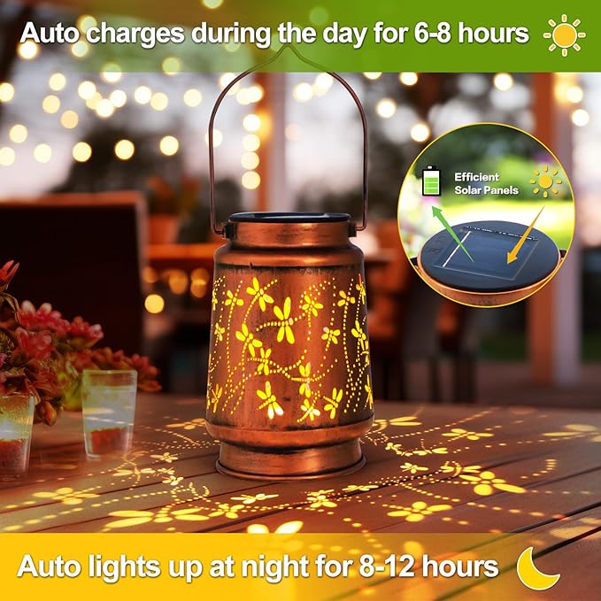 Dragonfly Solar Lanterns Outdoor Hanging, Hollowed-Out Metal Waterproof LED Garden Decor Light for Patio Yard Pathway Lawn Front Porch Tree, Christmas Thanksgiving Birthday Gifts for Women Mom Grandma