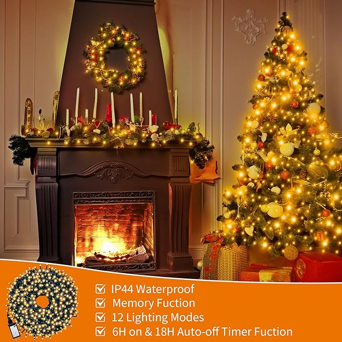 Christmas Light 1000 LEDs 336ft Green Cable Wire Fairy String Tree Twinkle Lights Plug in 12 Modes for, Outdoor, Garden, Wedding, Christmas Party, Home Decoration (Warm White)
