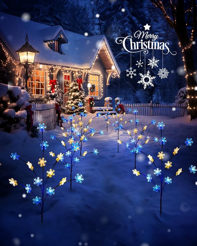 Brightown Snowflake Pathway Lights - 4 Packs Christmas Yard Lights with Small Christmas Tree, Blue & Warm White Outdoor Decorations