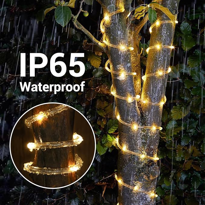 Solar Rope Lights, 66ft 200LED String, 8 Modes Waterproof Powered Outdoor, Flexible Clear Tube for Garden, Backyard, Patio, Deck, Porch, Pool, Tree Decor - Warm White