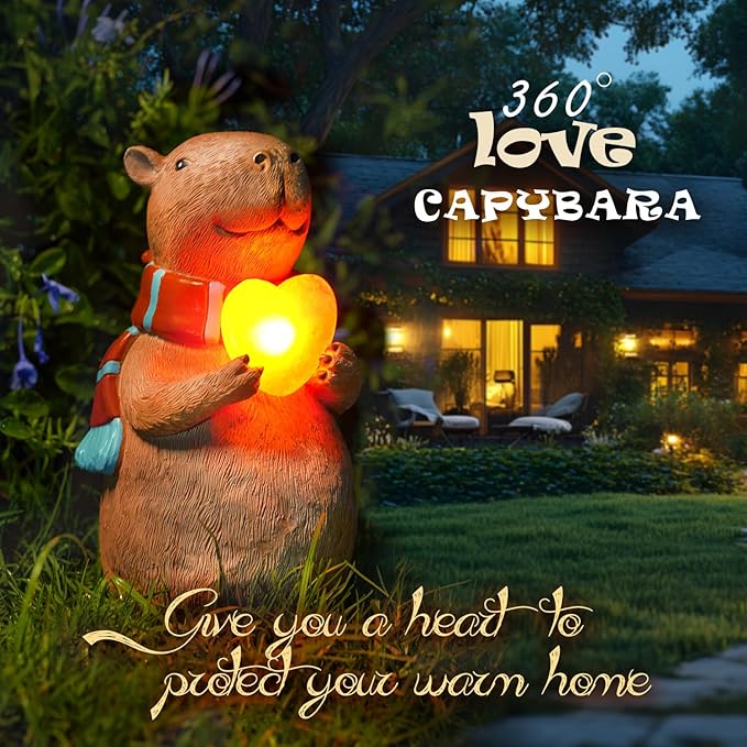 Solar Capybara Garden Statue Outdoor Decor with Heart - Lawn Ornament for Patio, Yard, Balcony, Romantic Light-Up Garden Decoration, Unique Gift for Lovers, Women, Mom, or Grandma