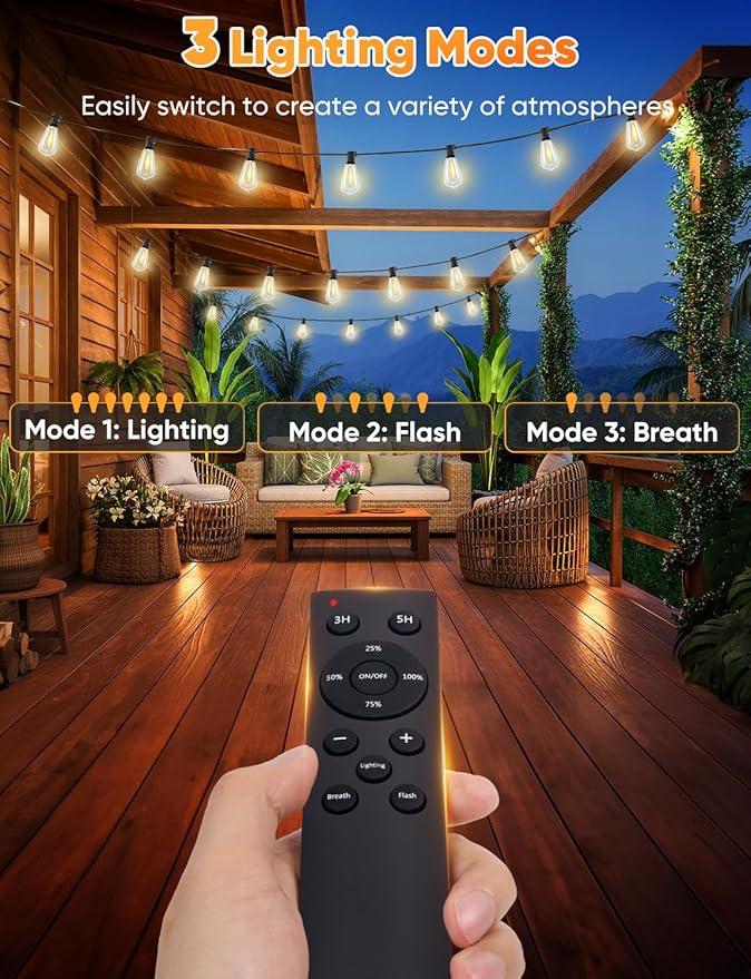 Brightever LED Outdoor String Lights with Remote, 60FT Patio Lights Outdoor Waterproof with 19 Shatterproof ST38 LED Edison Bulbs, 3 Modes 2 Timer Dimmable String Lights for Outside, Low Voltage 24V