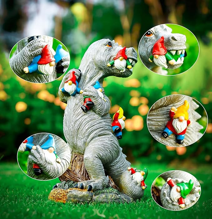 Garden Statue Outdoor Decoration, Weatherproof 14” Dinosaur Garden Gnome, Indoor Outdoor Décor Garden Art for Patio Lawn Yard, Gardening Gift for Homeowners